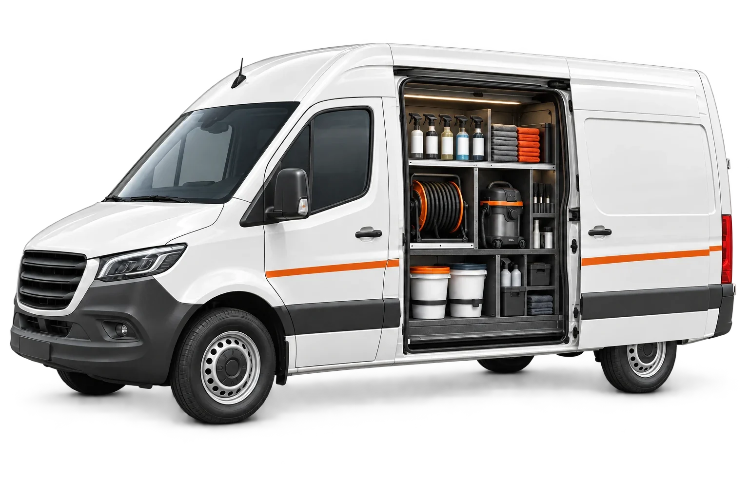 Studio illustration of a mobile detailing van with an open equipment bay, organized bottles, towels, vacuum, hose reel, and wash buckets.