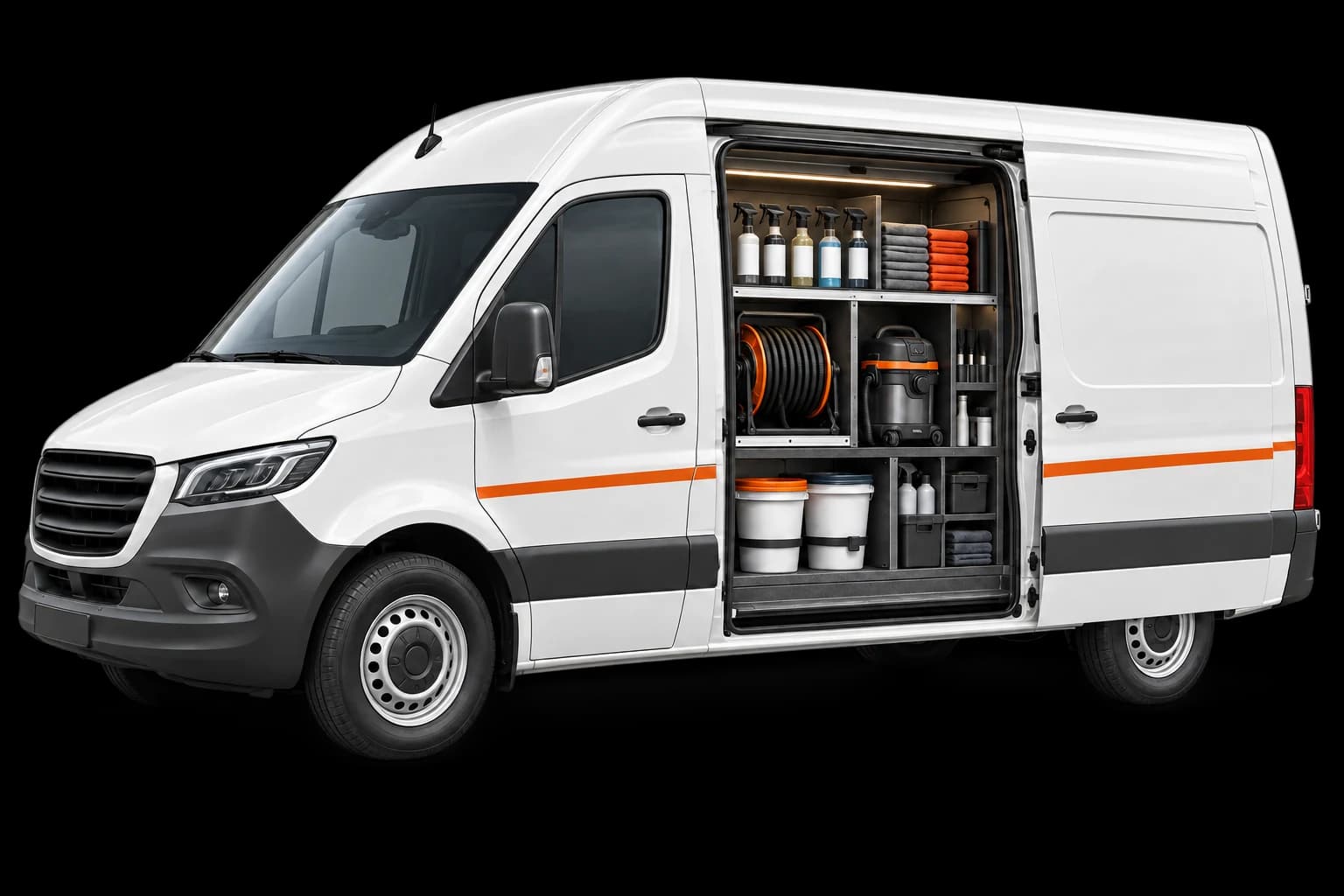 Concept illustration of a mobile detailing van with an organized equipment bay.