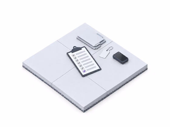 A clipboard on a driveway with seven checked rows, beside buckets, folders, a water jug, a price tag and a card reader.